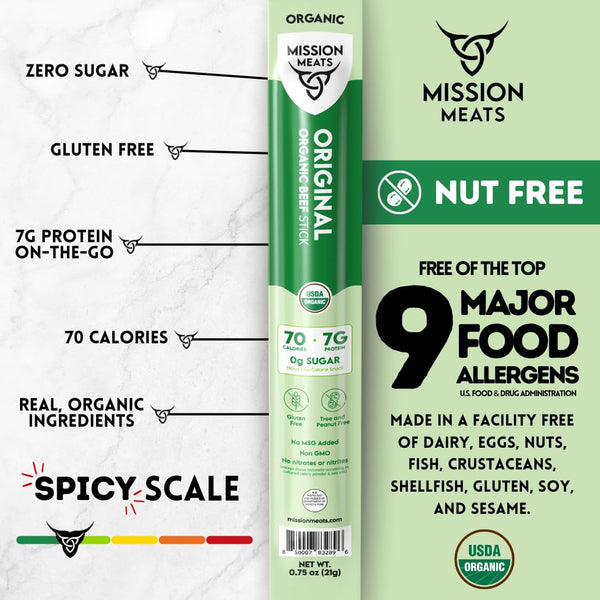 Organic Beef Sticks - Grass Fed, Zero Sugar, Non-GMO, Individually Wrapped Meat Snacks