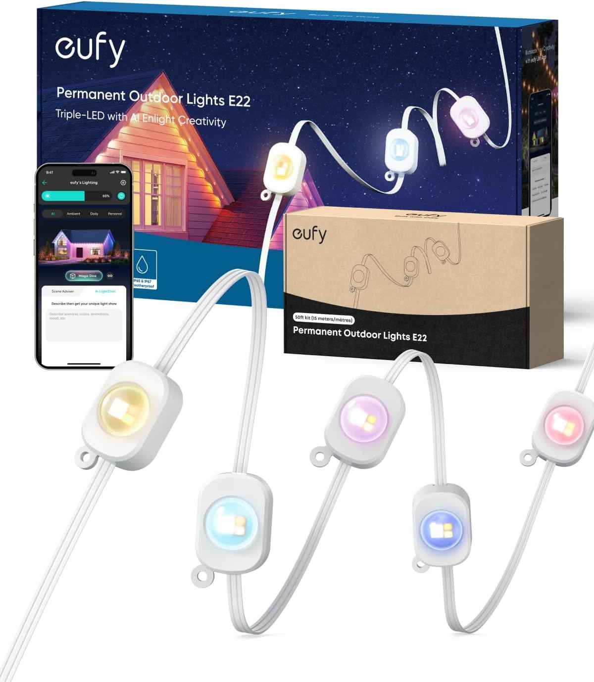 eufy Permanent Outdoor Lights E22, 100ft with 60 Triple-LED Lights, Smart RGBWW for Christmas, Daily and Holiday, IP67 Waterproof, AI Lighting Themes for Christmas Decorations, Links with Cameras