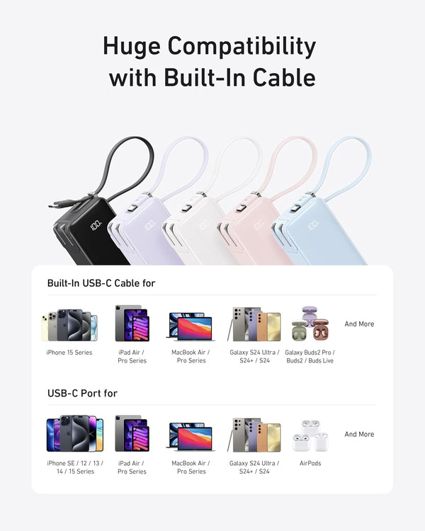Anker Nano 3-in-1 Portable iPhone Charger, 10,000mAh Power Bank with Built-in USB-C Cable and Foldable Wall Plug, 30W Max Battery Pack, Travel Essentials for iPhone 17/16/15 Series, Galaxy, MacBook