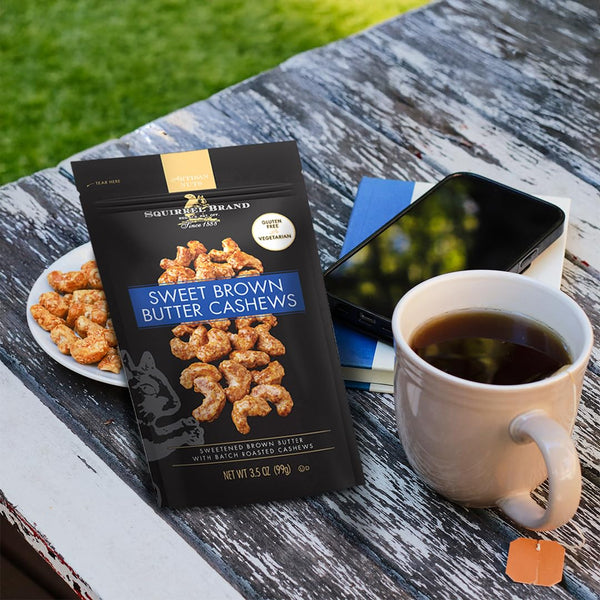 Squirrel Brand Sweet Brown Butter Cashews 3.5 oz Resealable Gluten Free Gourmet Nuts Snack