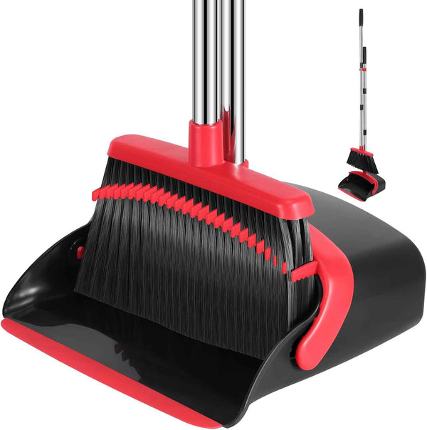 NACENA 52-Inch Adjustable Broom and Dustpan Set with Teeth for Hair Removal, Suitable for Home, Kitchen, Office, and Hall (Black & Red)