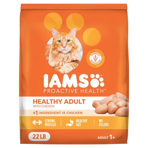 iams proactive health adult healthy dry cat food with chicken, 22 lb bag, veterinarian recommended
