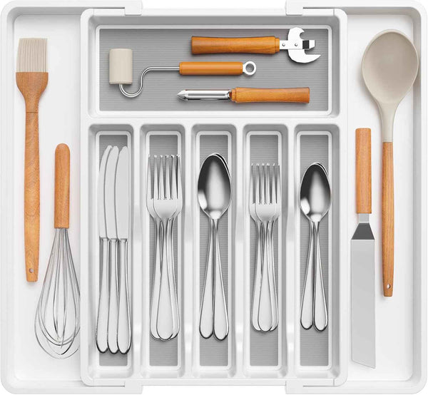 Lifewit Silverware Drawer Organizer, Expandable Utensil Tray for Kitchen, BPA Free Flatware and Cutlery Holder, Adjustable Plastic Storage for Spoons Forks Knives, 8.5-14 x 12", Black
