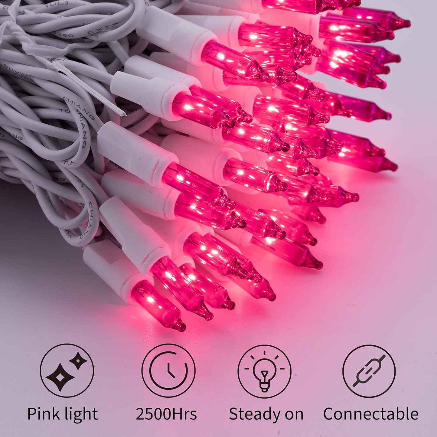 Christmas Pink Mini String Lights - 100 Count 25 Feet Detachable Incandescent Bulb Waterproof Fairy Lights Plug in for Indoor Outdoor Party Patio Xmas Tree Valentine's Day Decoration, White Wire
