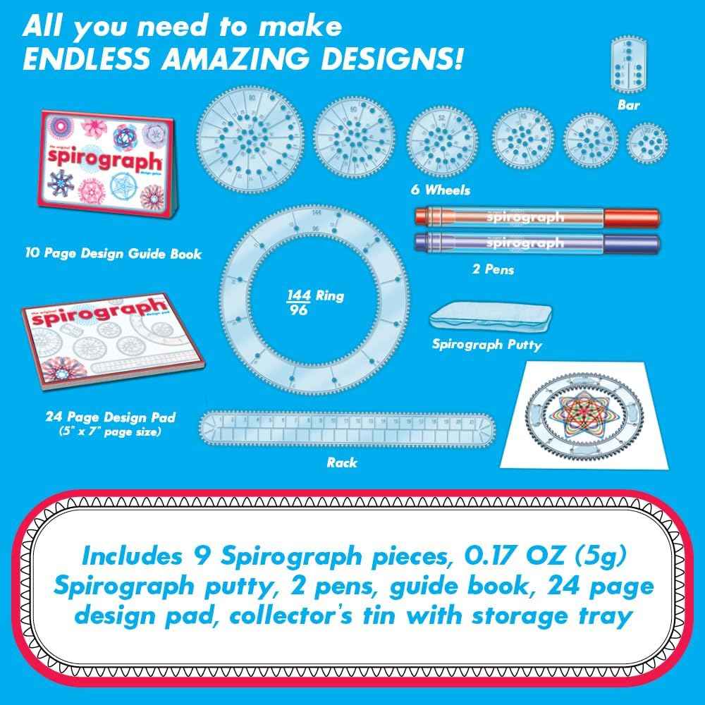 Spirograph Design Set Collectors Tin – Arts and Crafts, Kids Toys, Art Supplies, Craft Supplies, Drawing Kit, Spiral Art, Classic Gear Design Kit, Pens, Design Sheet Included, Ages 8 and Up