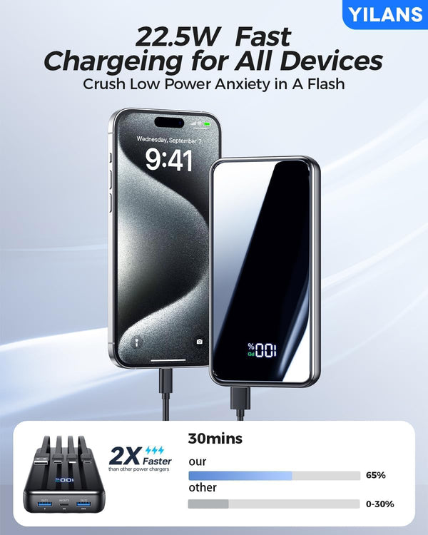 Portable Charger,50000mAh Power Bank Built-in Cable, 22.5W PD USB C In & Out Fast Charging, External Battery Pack with 6 Output & 2 Input, Travel Phone Charger for iPhone 17/16/15/14/13/12(Black)