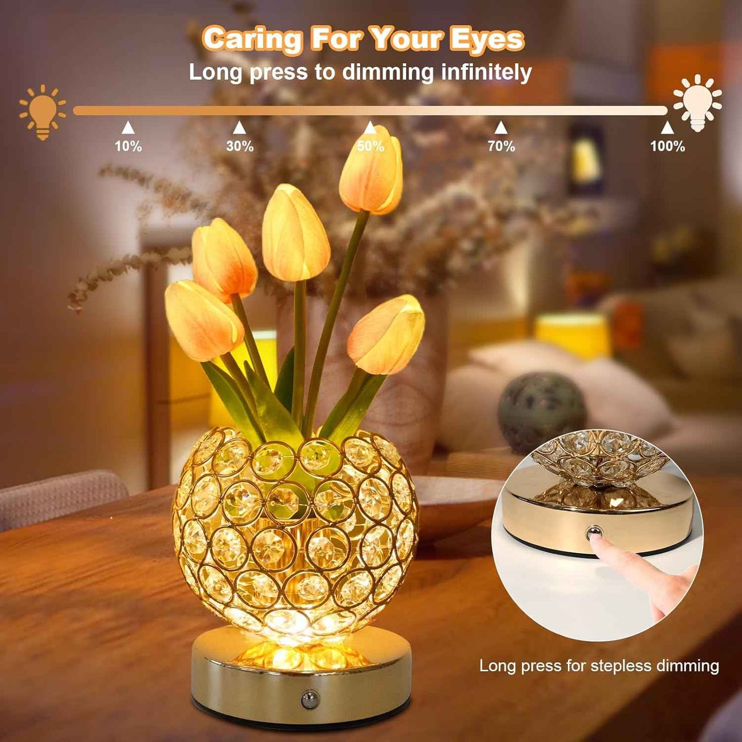 Tulip Crystal Flower Lamp Touch Lamp,Rechargeable Cordless Table Lamp, 3-Colour Infinitely Dimming Battery Powered Small Night Light,Gift for Mom for Valentine Day,Mothers Day,Xmas,Birthday (Pink)