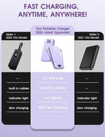 Portable Charger, 10000mAh PD20W USB C Fast Charging Power Bank with Built-in Cables and AC Wall Plug, Smart LED Display Travel Essentials Battery Pack Compatible with iPhone, iPad, Samsung etc Purple