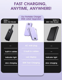 Portable Charger, 10000mAh PD20W USB C Fast Charging Power Bank with Built-in Cables and AC Wall Plug, Smart LED Display Travel Essentials Battery Pack Compatible with iPhone, iPad, Samsung etc Purple