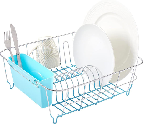 Compact dish drying rack with utensil holder for kitchen sink