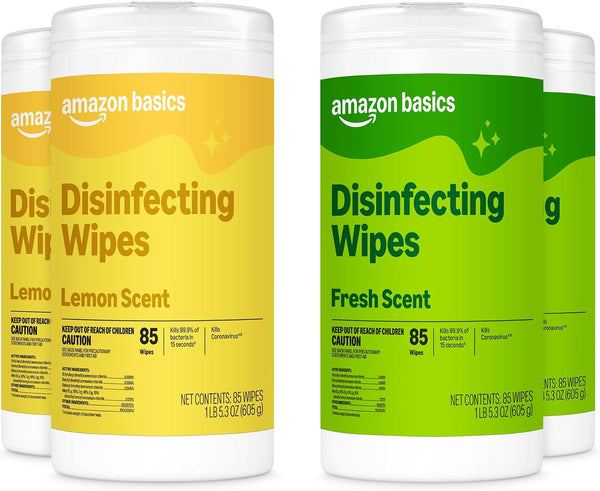 Amazon Basics Disinfecting Wipes, Lemon & Fresh Scent, Sanitizes, Cleans, Disinfects & Deodorizes, 255 Count (3 Packs of 85), Packaging May Vary
