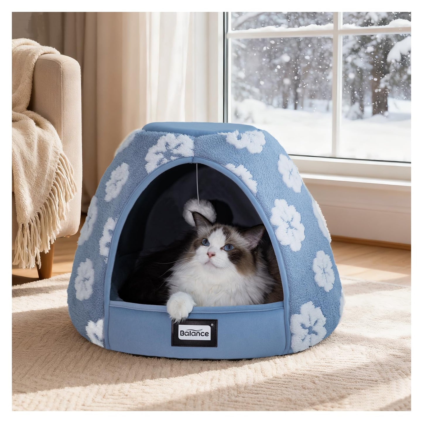 balance 2-in-1 cat bed cave with anti-slip bottom and ultra-soft plush blue 19 inches