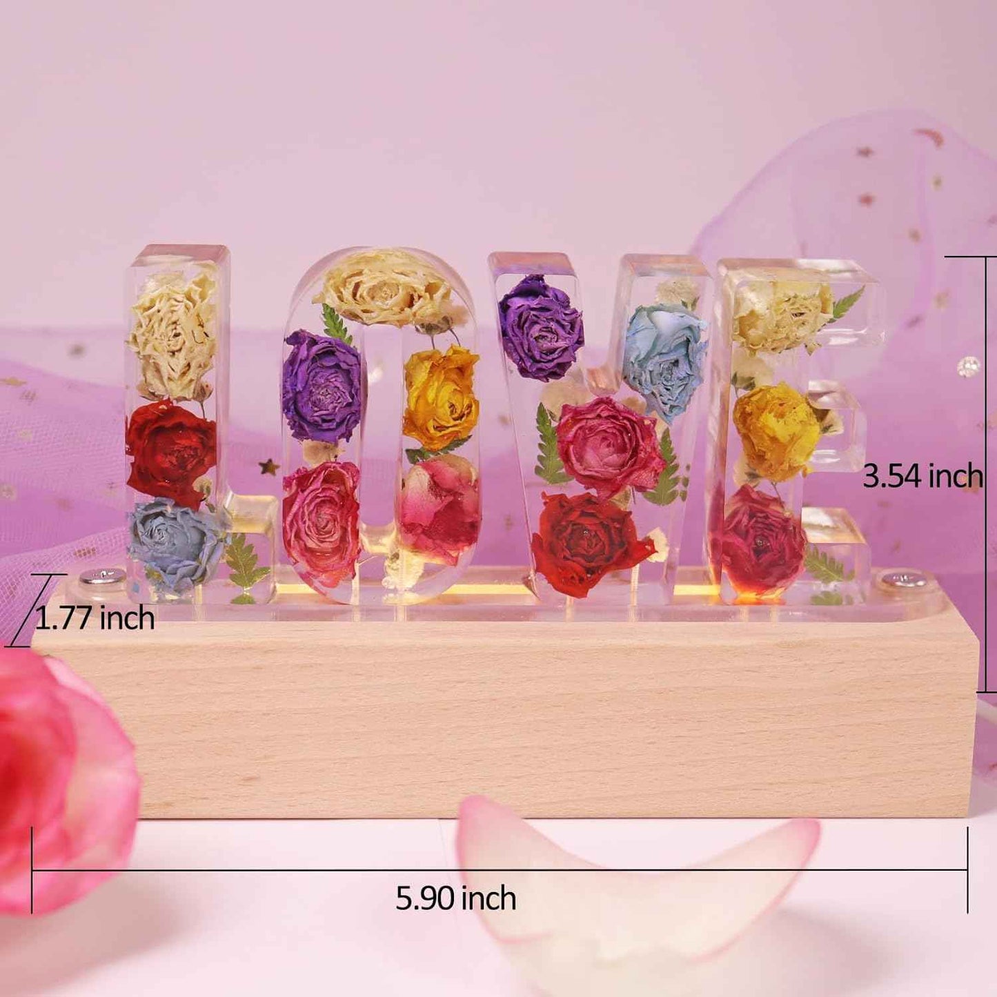 Handmade Floral Resin Dried Roses Night Light Pressed Dry Flower Lights Lamp Gifts for Women Girls Bedroom Decor