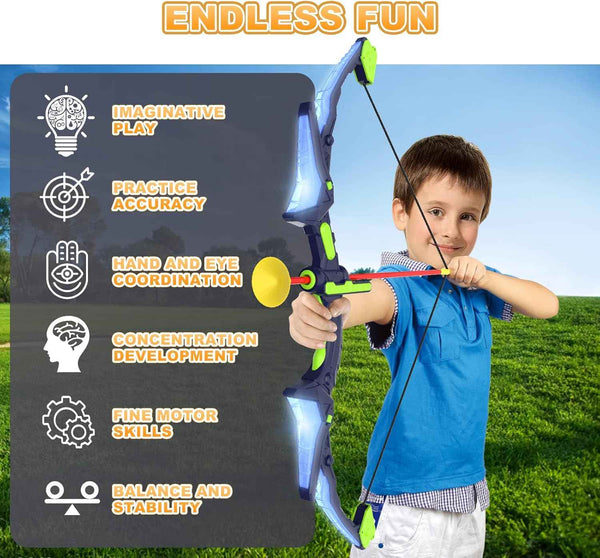 Kmuxilal kids LED bow and arrow set, 2 pack, 14 suction cup arrows, fluorescence target, ideal for indoor and outdoor play, 4-12 year old boys