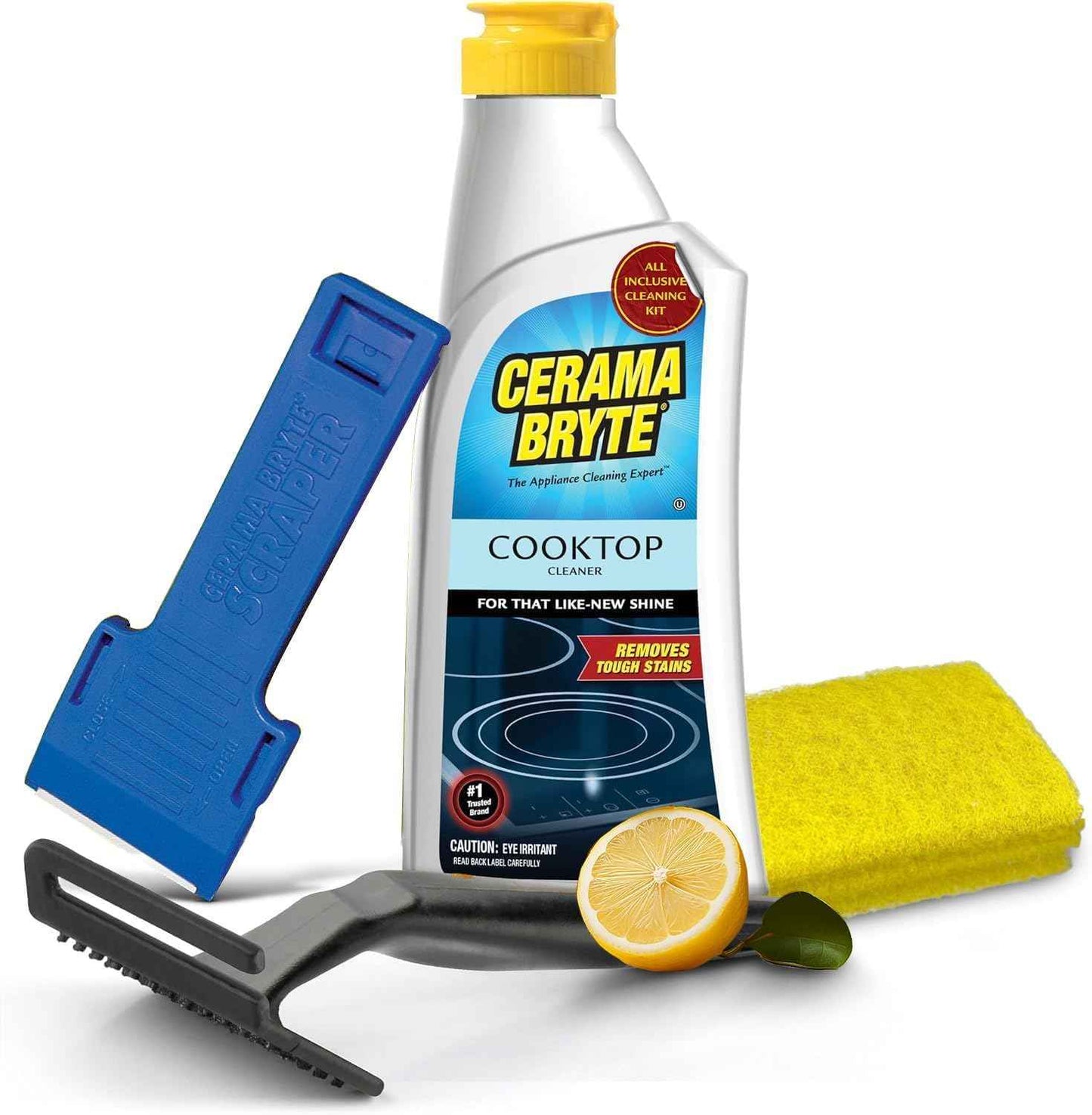 Cerama Bryte Glass Cooktop and Stove Top Cleaner Combo Kit - Includes Cleaning Tool, Razor, Scraper and 1 Pad to Remove Tough Stains - Use on Gas, Electric, Ceramic Surfaces, 10 Ounces, 4 Piece