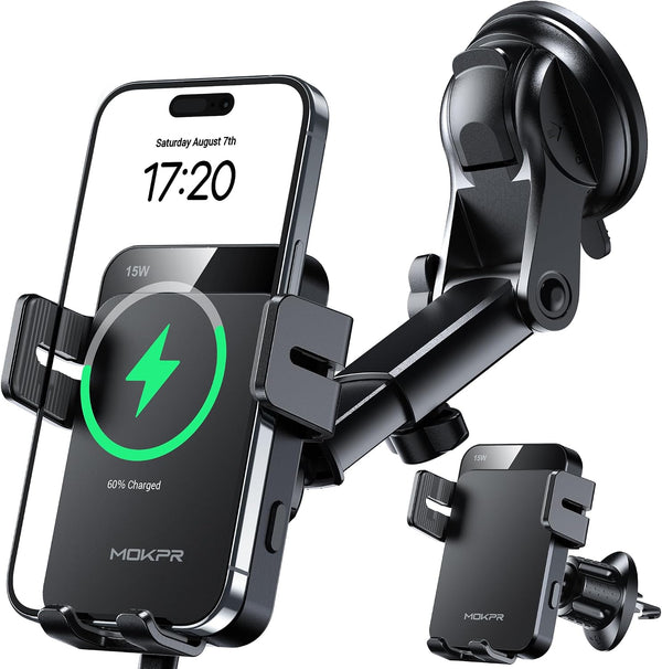 Wireless Car Charger, 15W Auto Clamping Car Charger Dash Windshield Air Vent Phone Holder Compatible with iPhone 16 15 14/13/13 Pro/12 pro/12/11/X/8, Samsung S24/S23/S22