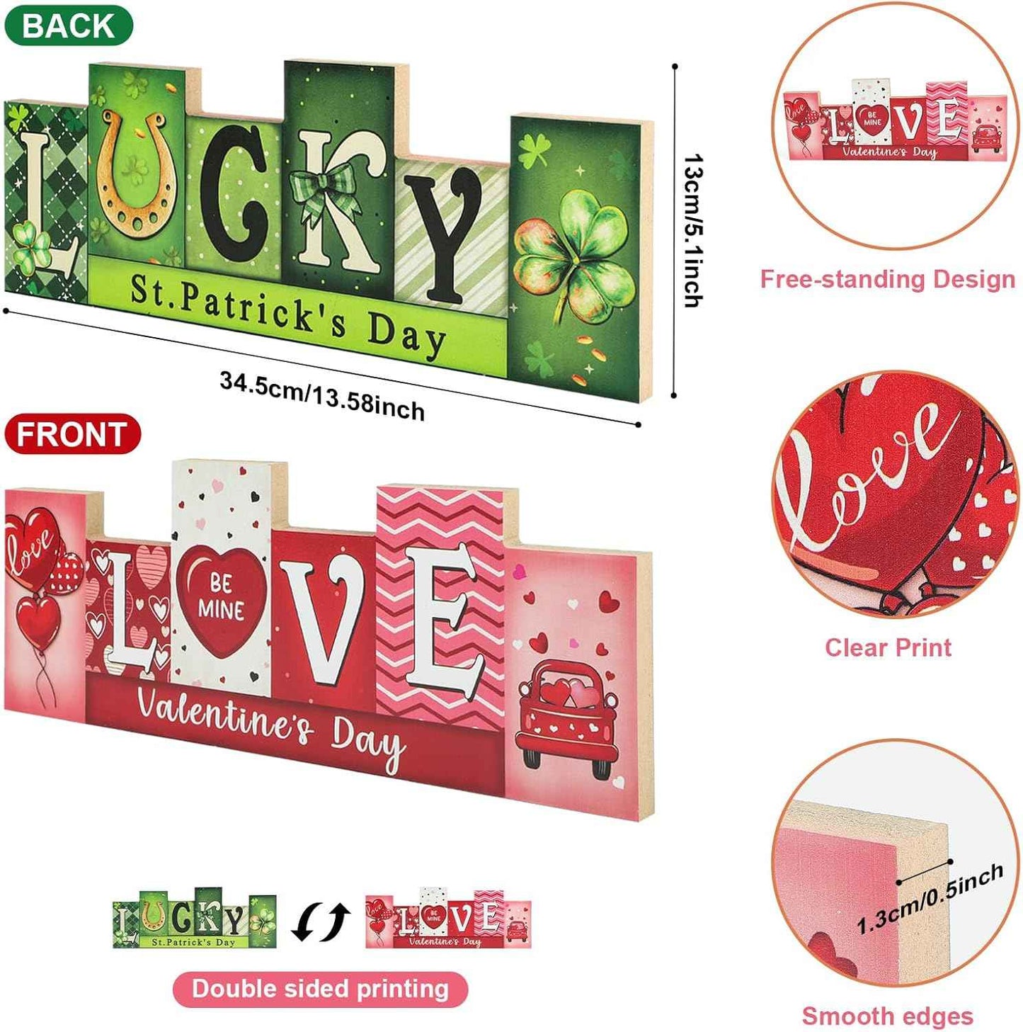 Valentine's Day & St. Patrick's Day Wooden Table Sign - LUCKY LOVE Reversible Tabletop Decor - Rustic Double-Sided Different Theme Irish Farmhouse Table Centerpiece