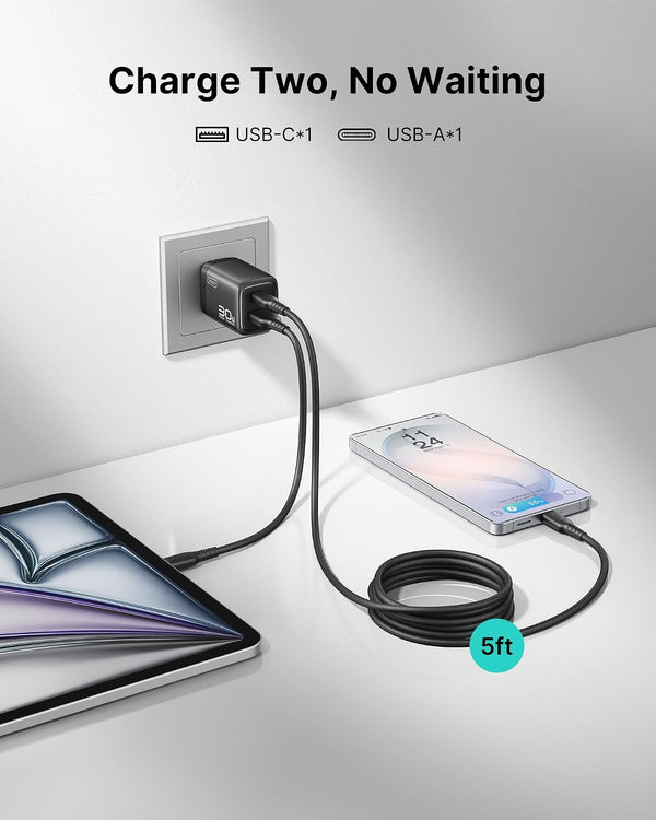 INIU Mini USB C Charger, 30W GaN Fast Charging ETL Certified Wall Adapter Block with Samrt Phone Protection, Dual Port with 5ft Type C Cable for iPhone 17 iPad Samsung Google Switch etc [2-Pack Black]