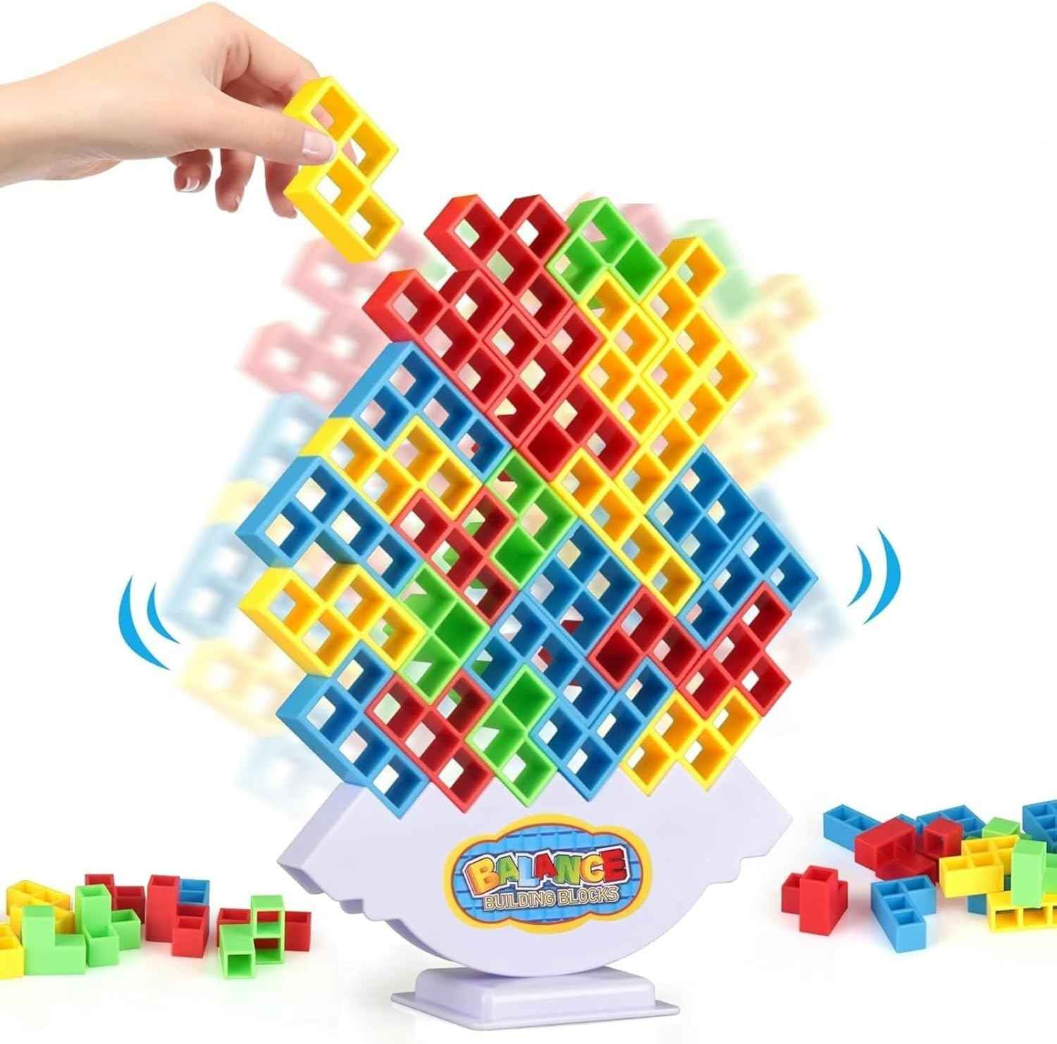 64 Pcs Stacking Tower Game with 22 Cards, Giant Tumble Balance Game for Family, Ideal Gifts for Grandkids, Christmas Stocking Stuffers for Teen Boys & Girls, Party Board Game for Kids 6-12 & Adults