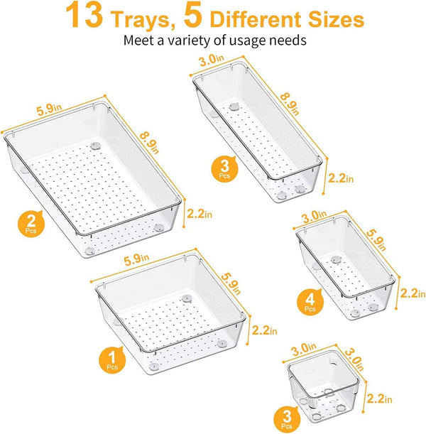smartake 13-piece clear drawer organizers with non-slip silicone pads, 5-size desk bathroom organizer trays for makeup, jewelries, utensils storage in bedroom dresser, office and kitchen