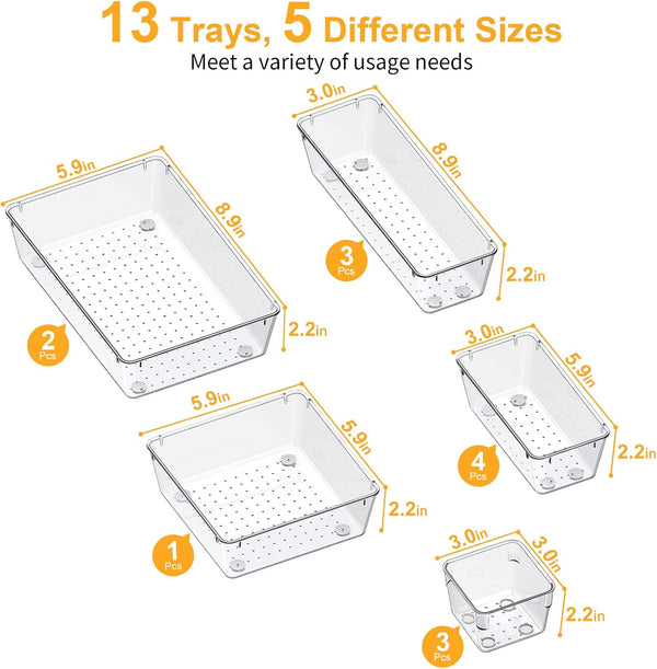 13-Piece Drawer Organizer Set with Non-Slip Pads for Desk, Bathroom, and Kitchen