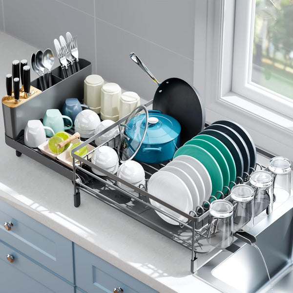Adjustable dish drying rack for kitchen countertops, multifunctional with utensil and cup holder