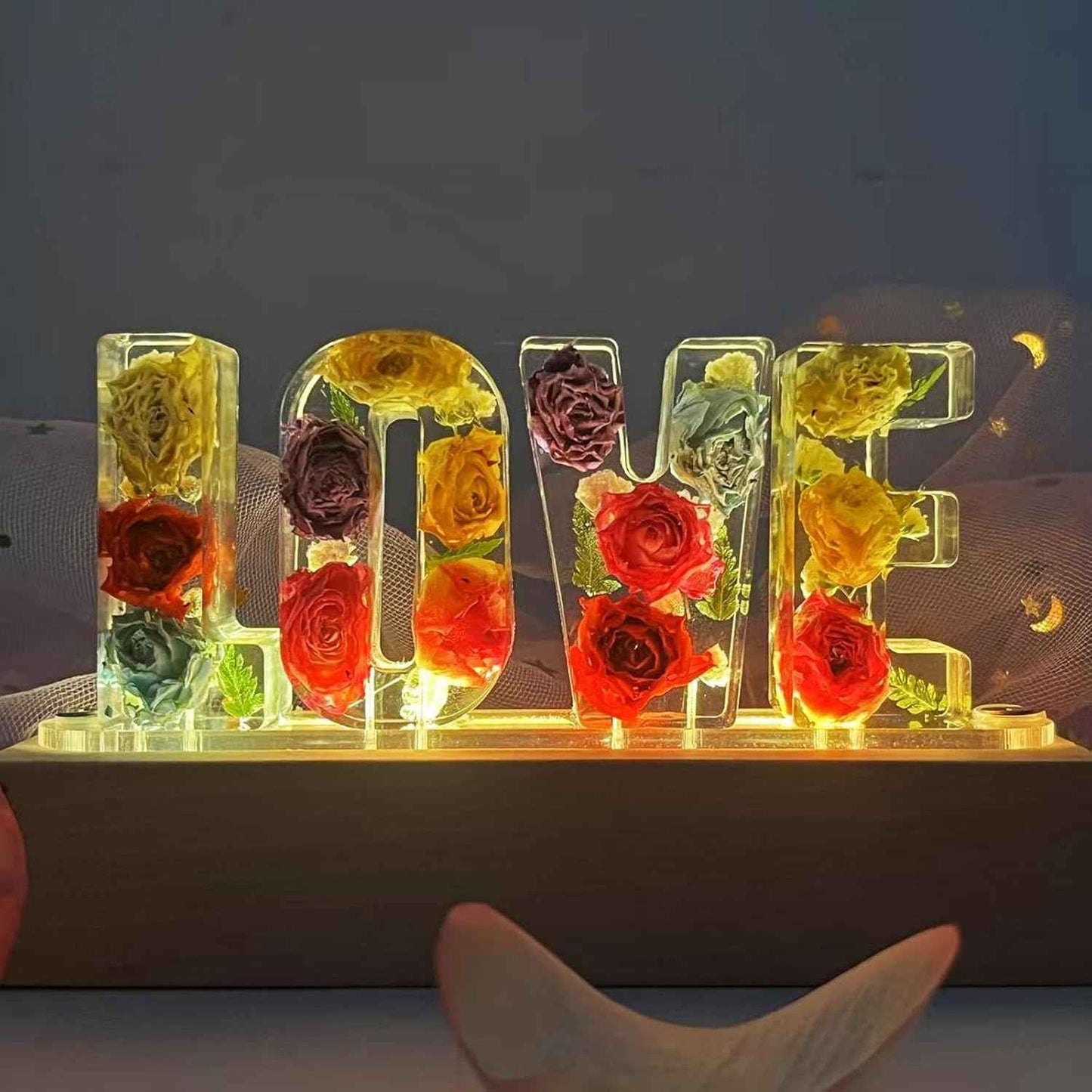 Handmade Floral Resin Dried Roses Night Light Pressed Dry Flower Lights Lamp Gifts for Women Girls Bedroom Decor