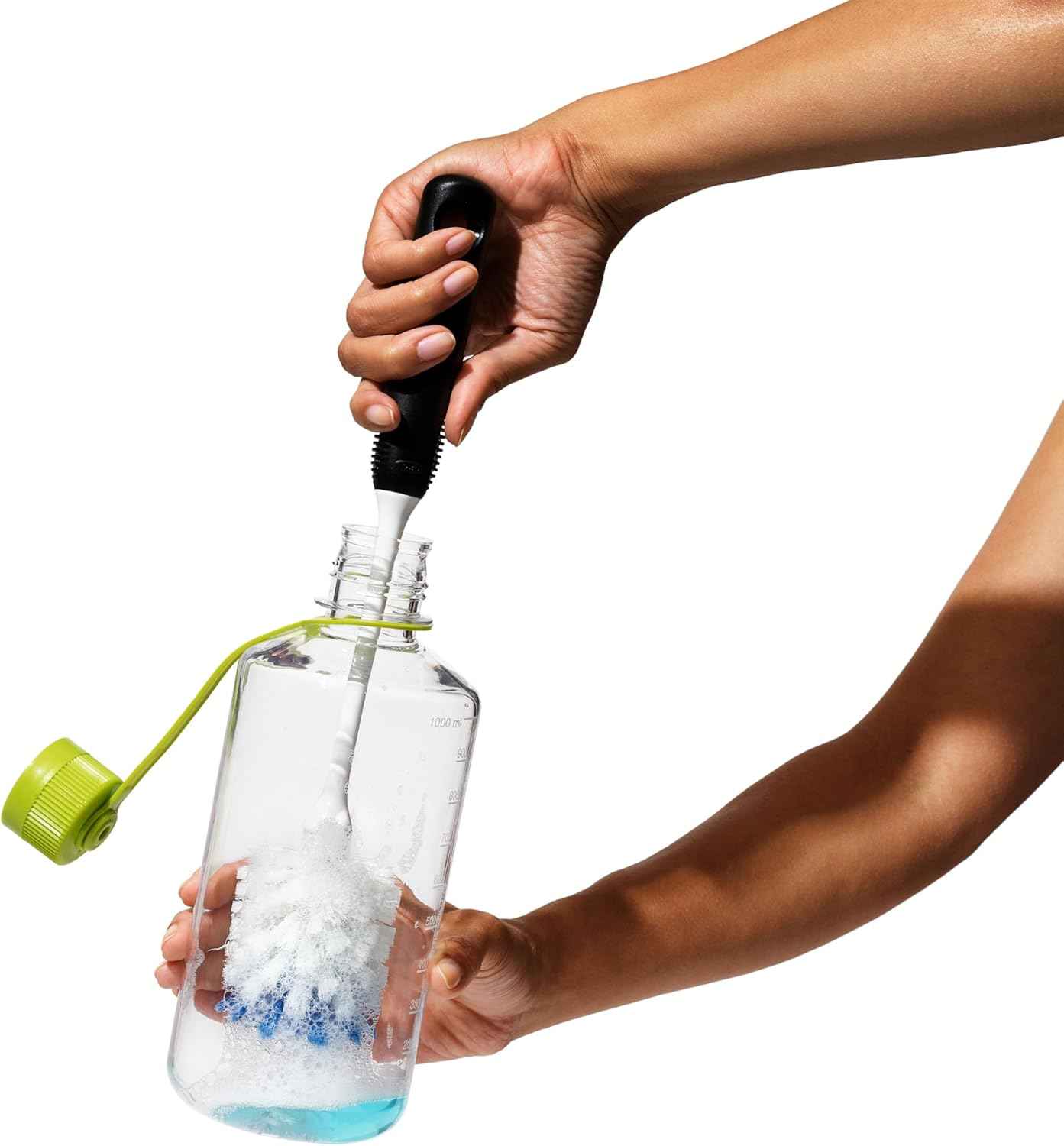 OXO Good Grips Bottle Brush, Dual-Bristle Cleaning for Bottles, Pitchers and Carafes, Flexible Neck Scrub Brush, Safe for Stemware and Delicate Glassware, Dishwasher Safe