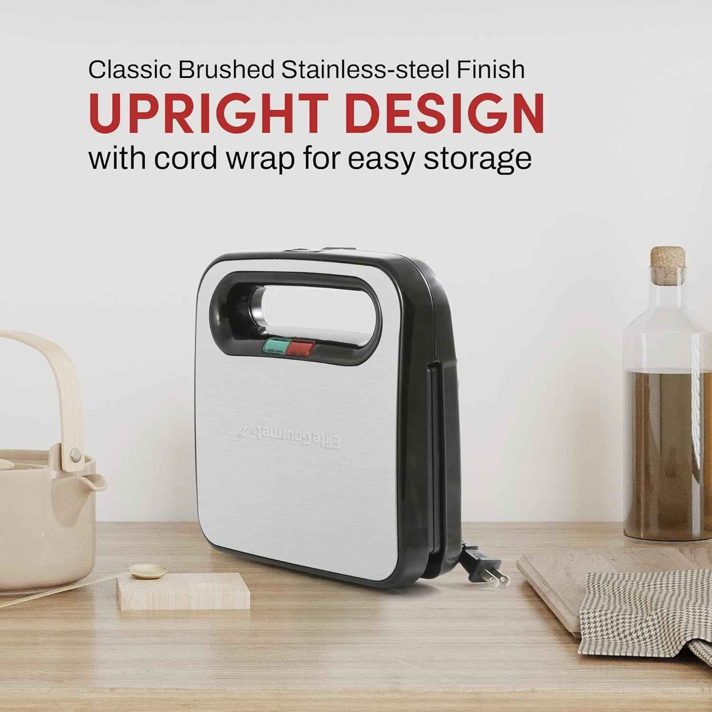 Elite Gourmet ESM2207XSS Sandwich Panini Maker Grilled Cheese, Machine Tuna Melt Omelets Non-stick Cooking Surface, 2 Slice, 750 Watts, Stainless Steel