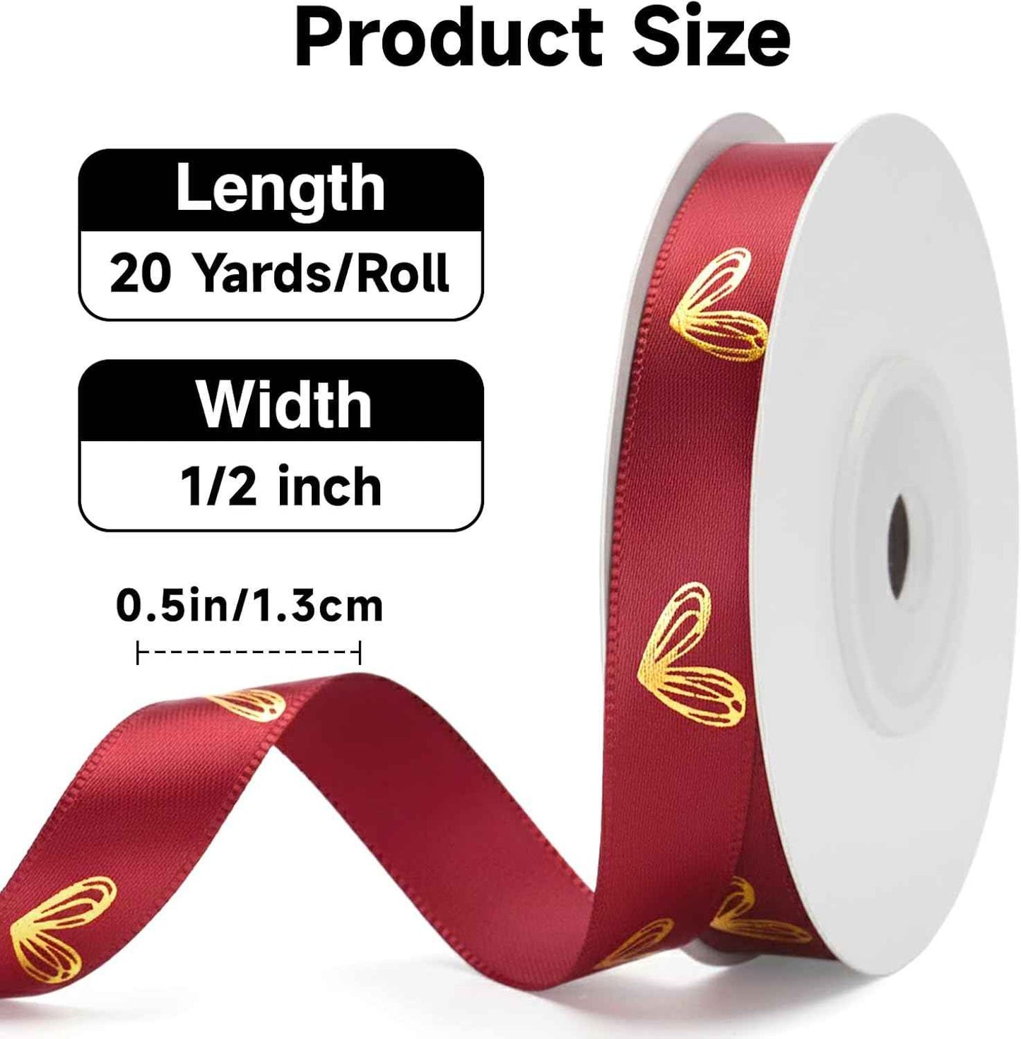 KINGLAKE Valentine's Day Ribbon Red - 1/2'' x 20 Yds Red Heart Satin Ribbon for Gift Wrapping Valentine Ribbons with Gold Heart for Crafts Flower Bouquet Party Home Decorations