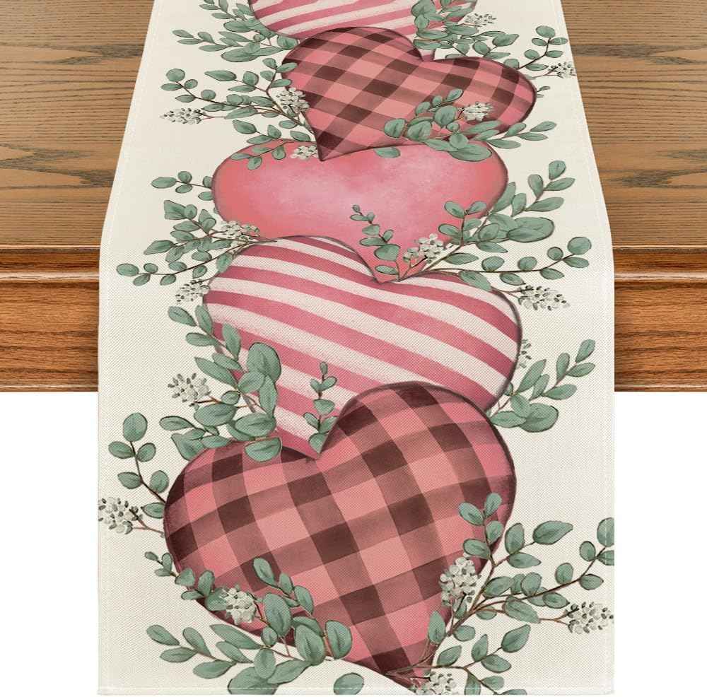 Artoid Mode Eucalyptus Hearts Valentine's Day Table Runner, Holiday Kitchen Dining Table Decoration for Home Party Indoor 13x72 Inch