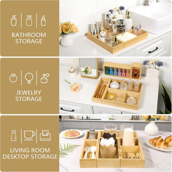 Bamboo Drawer Organizer Set for Bathroom, Kitchen, Office, and Closet