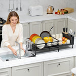 Adjustable dish drying rack for kitchen countertops, multifunctional with utensil and cup holder