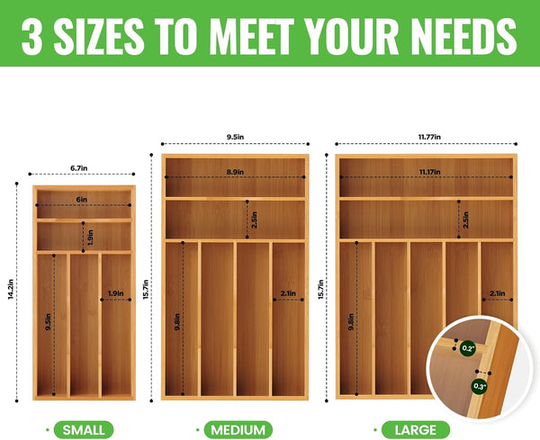 Bamboo Silverware Organizer for Kitchen and Office Use