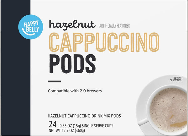 Happy Belly Light Roast Cappuccino Coffee Pods, Hazelnut Flavored, 24 Count
