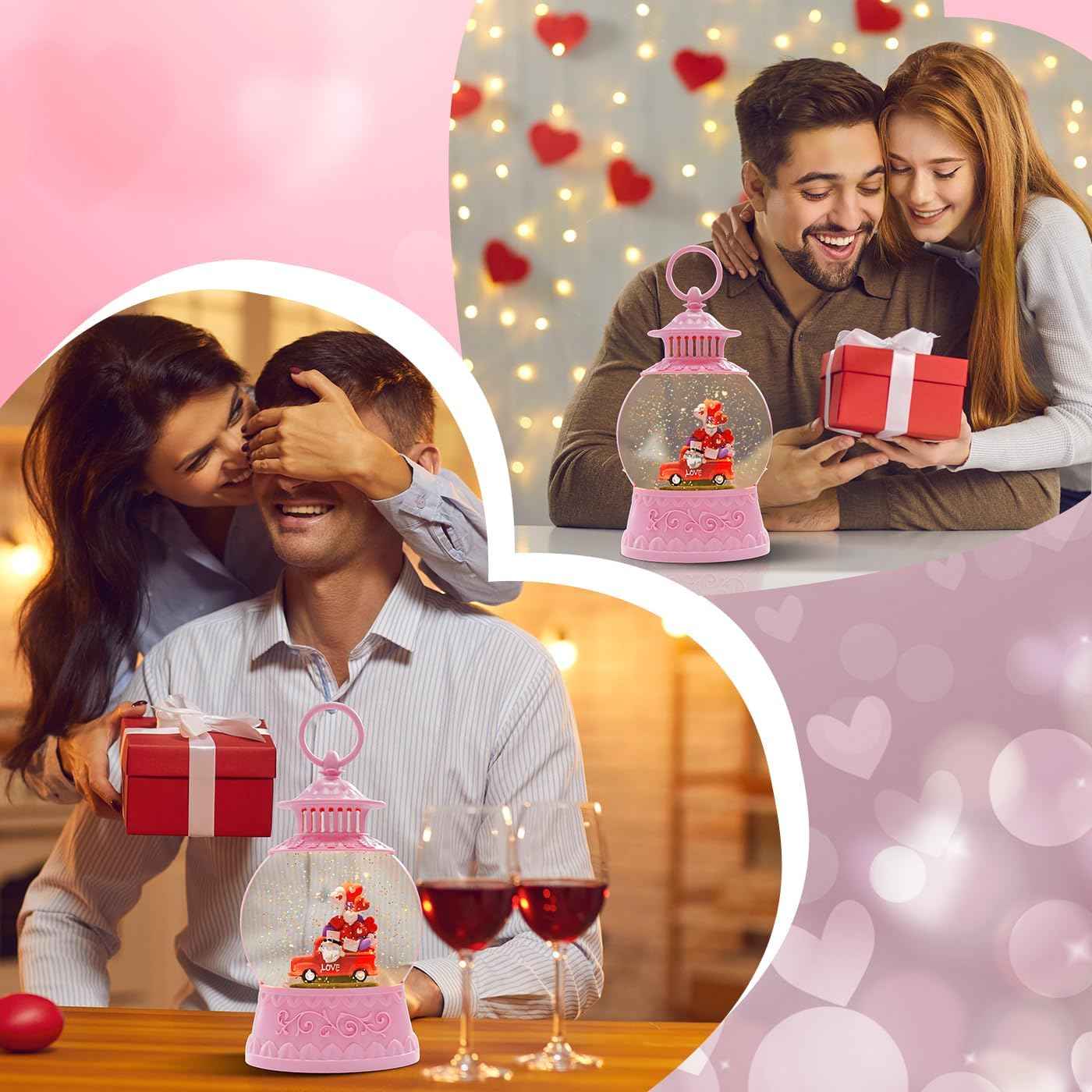 Valentine Day Red Truck Snow Globe Musical Decor,Valentines Day Couple Red Truck Light Up Snow Globe 6H Timer, USB/Battery Operated,Valentines Day Gifts for Her, Teacher, Girls