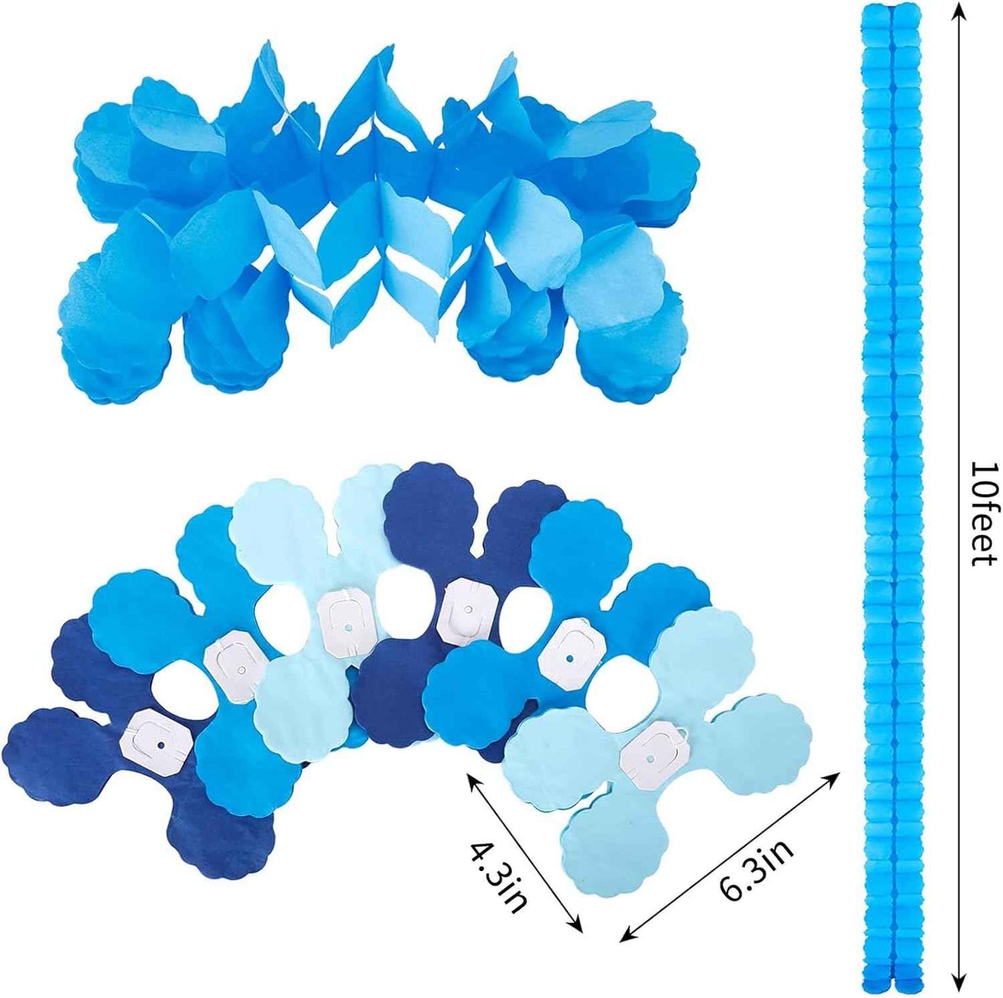 RUBFAC 6pcs Four-Leaf Clover Garland Party Blue and White Streamers Tissue Paper Hanging Flower Garland for Frozen Party Baby Shower Decoration