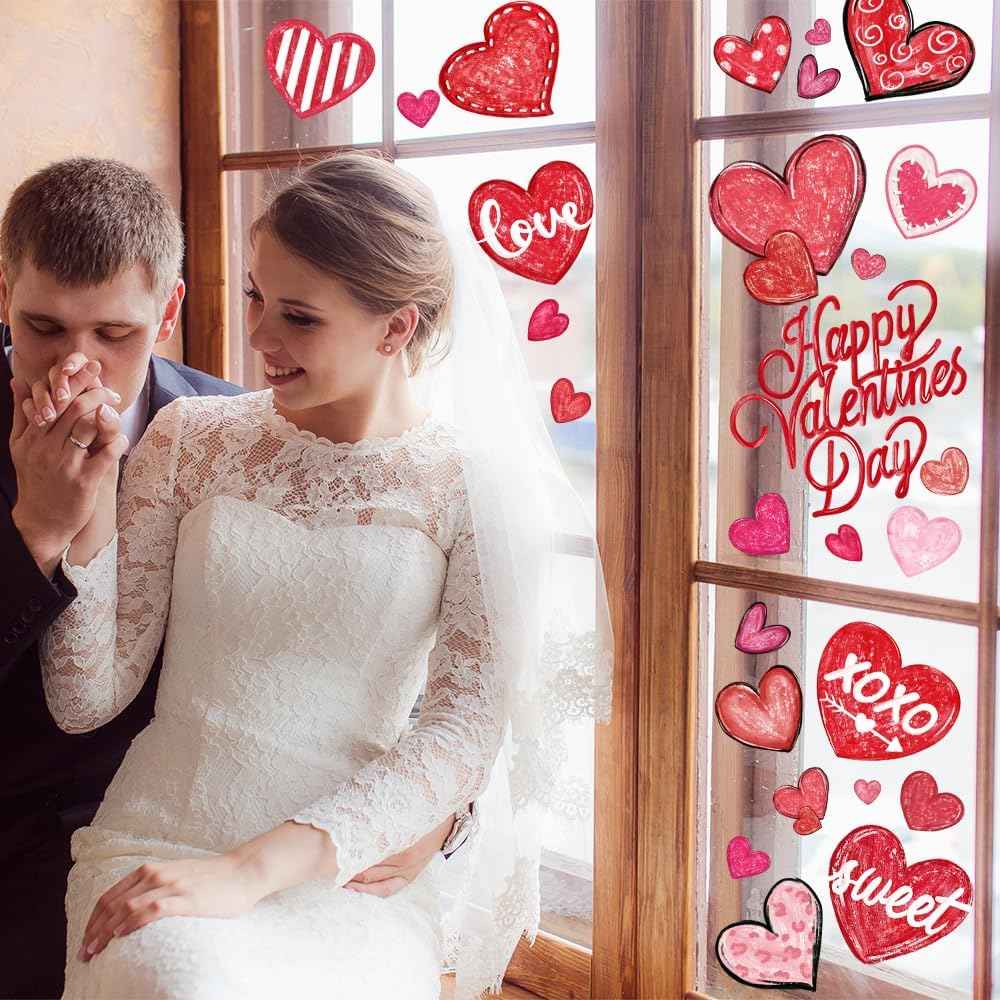 DIYDEC 6 Sheets Valentines Window Cling Double-Sided Pink Red Love Heart Window Stickers Happy Valentines Window Decals for Home Wedding Anniversary Party Store Glass Holiday Decoration