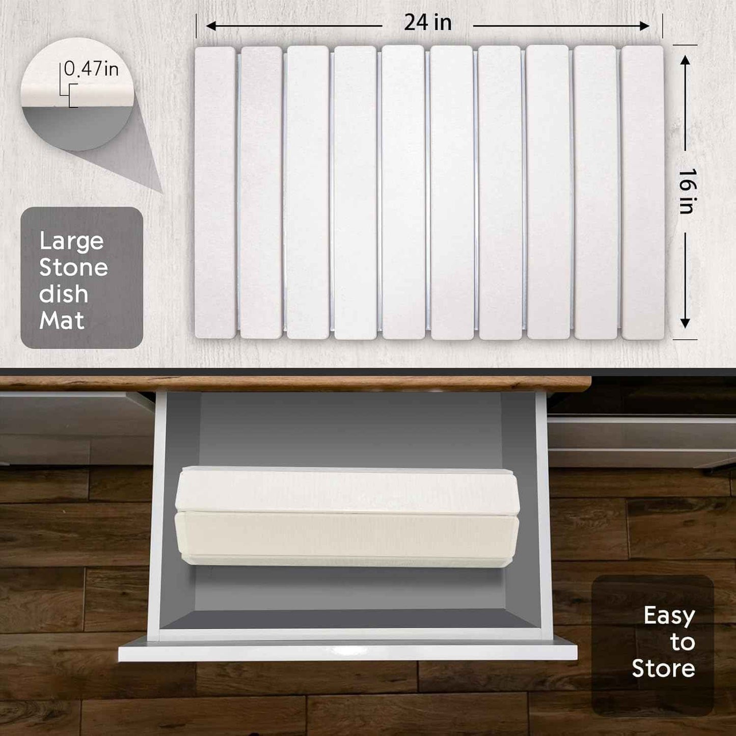 Large Stone Dish Drying Mat for Kitchen Counter, 24"(L)×16"(W), Collapsible Quick Drying Dish Mats, Ultra Absorbent Diatomaceous Earth Mats for Dishes Bottles Cups, Match Any Countertop