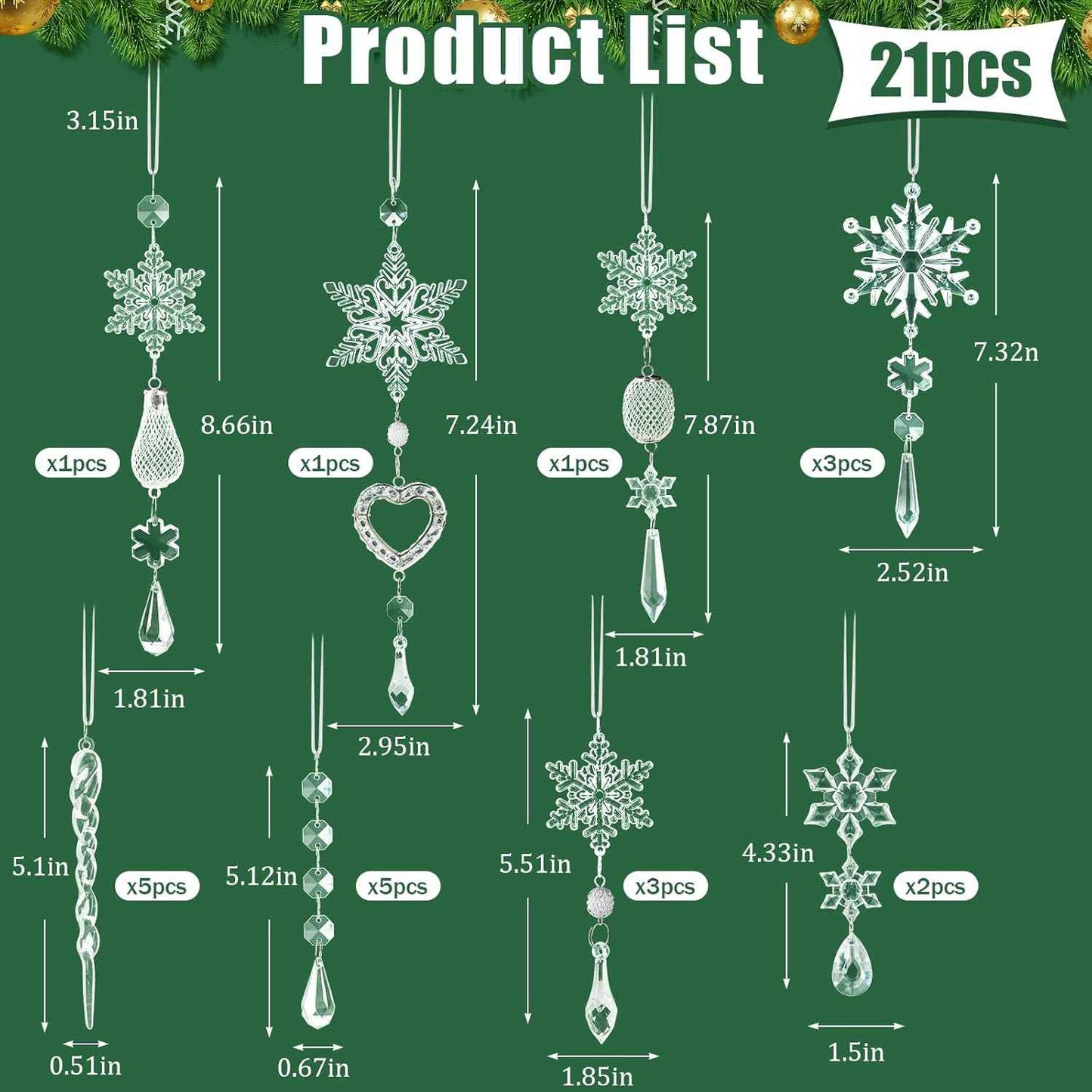 Crystal Ornaments Christmas Tree Decorations - 21pcs Christmas Tree Ornaments Sparkling Dazzling Festival Party Decoration Crystal Snowflake Design Hanging Ornament Holiday Season Home Decor