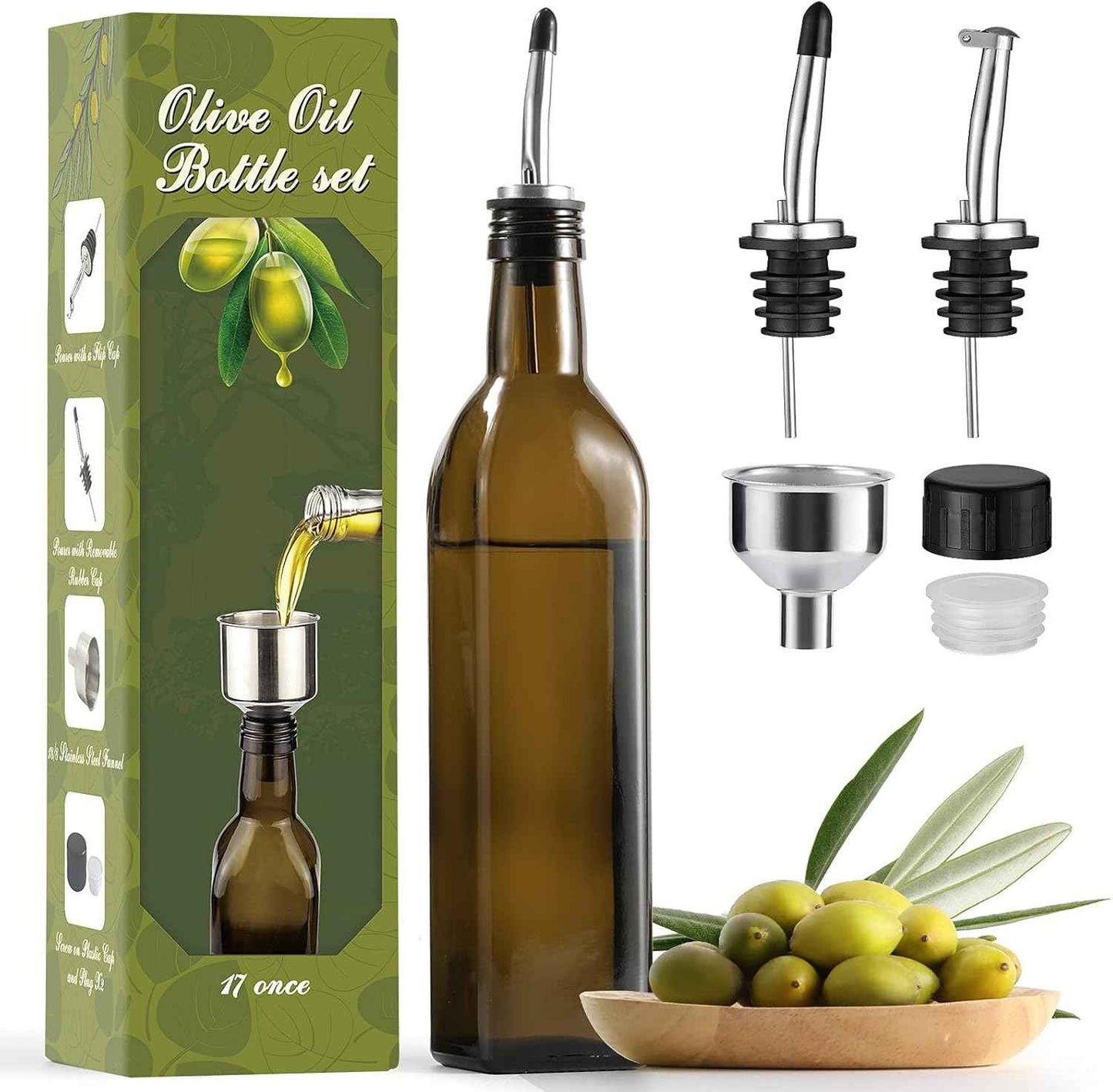 AOZITA 17oz Glass Olive Oil Bottle Dispenser - 500ml Green Oil and Vinegar Cruet with Pourers and Funnel - Olive Oil Carafe Decanter for Kitchen