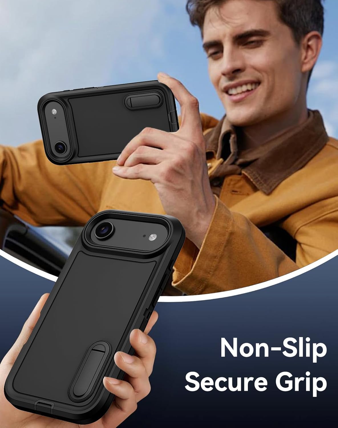 for iPhone 17 Air Case with Built-in Invisible Kickstand,[2*Screen Protector] Military-Grade Protection Shockproof Protective Cover,Hard Back Stand Phone Case for iPhone 17 Air (Black)