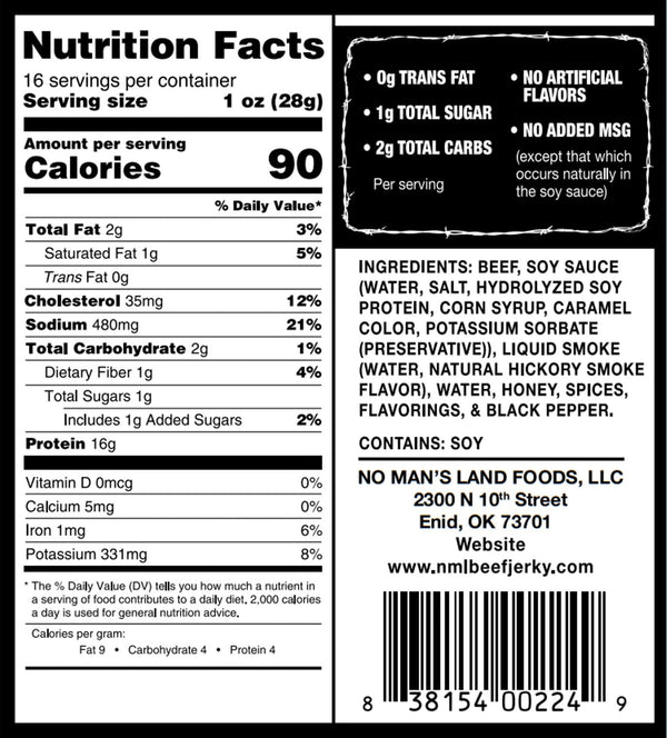 No Man's Land Beef Jerky, Fajita Lime Flavor, 16oz, Pack of 1
