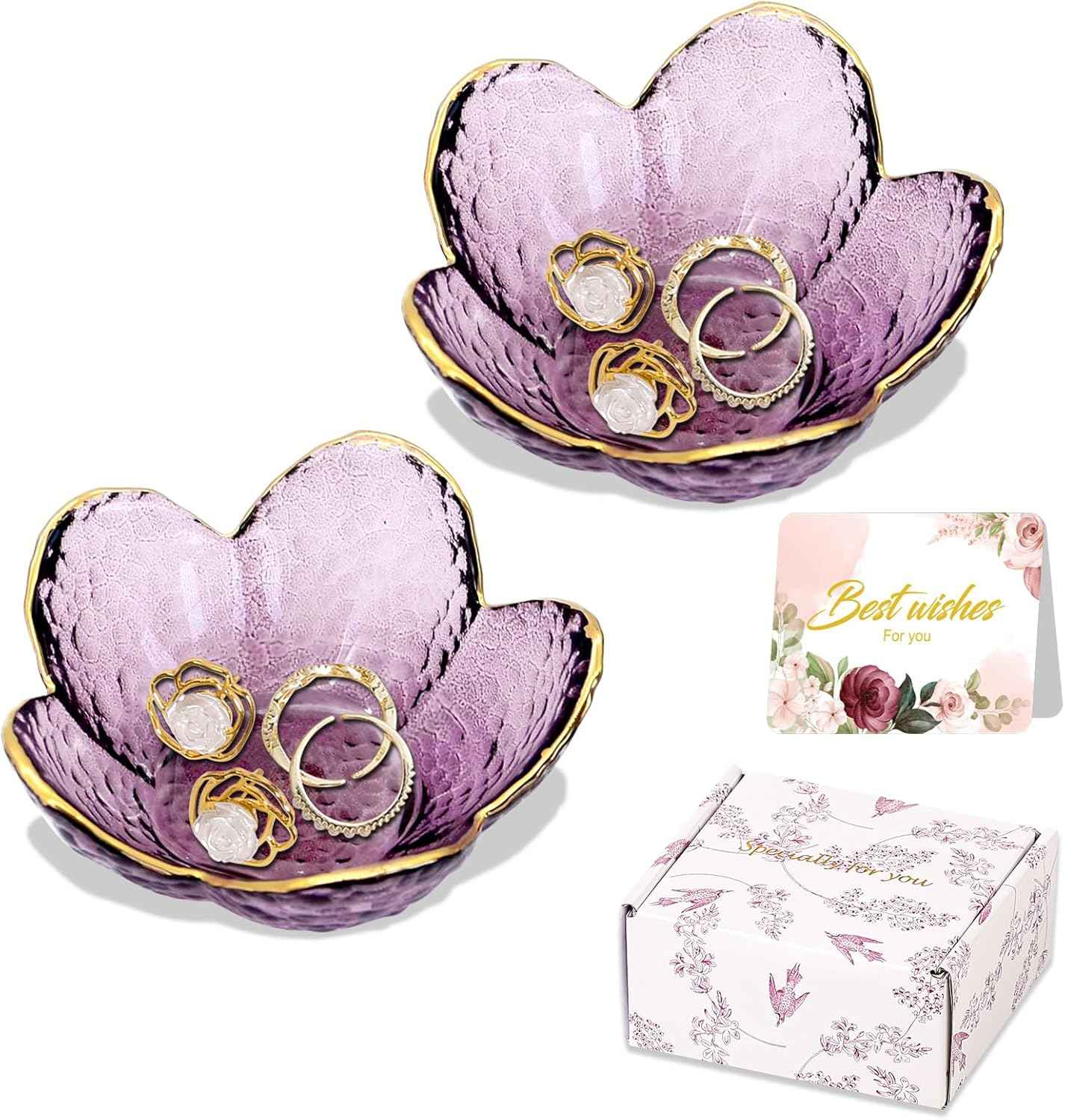 Purple Flower Jewelry Dish Glass Ring Holder Dish Jewelry Tray Cute Vanity Organizer Aesthetic Nightstand Bathroom Room Decor Trinket Dish Valentine's Friendship Christmas Birthday Gifts for Women