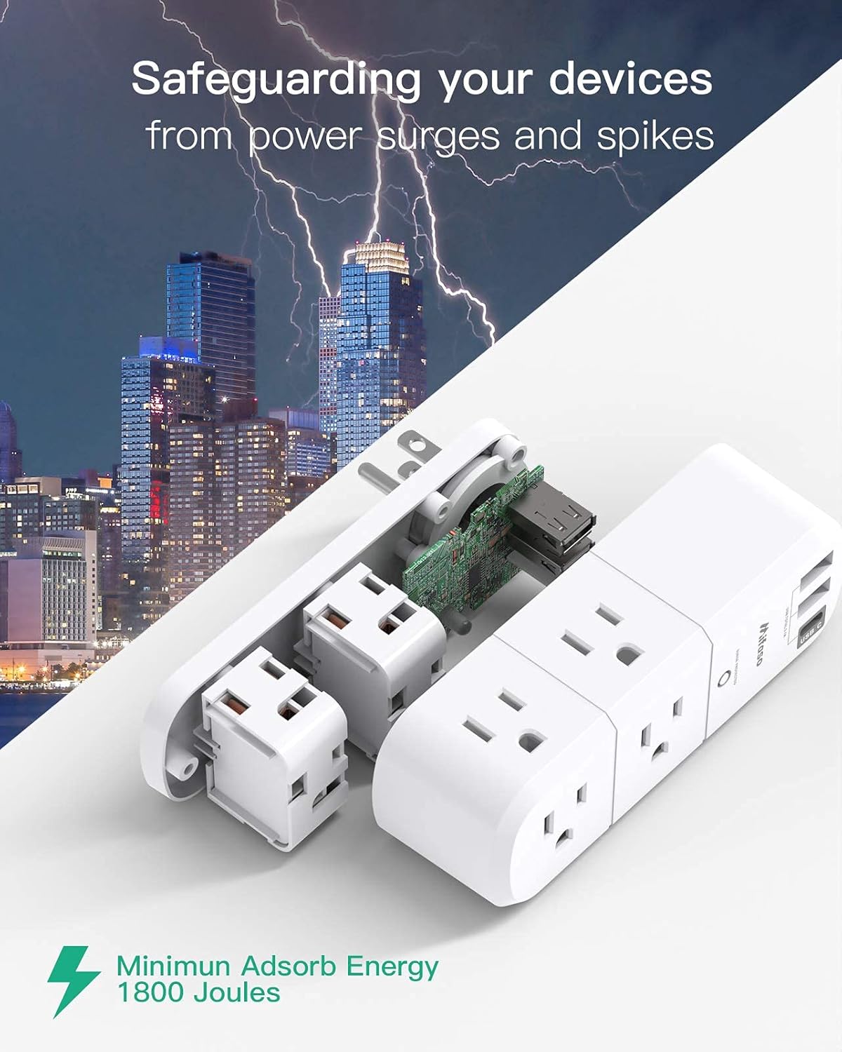 Mifaso Outlet Extender with Rotating Plug – 6 AC Outlets & 3 USB Ports, 1800J Surge Protector 3-Sided Swivel Wall Power Strip for Home & Travel
