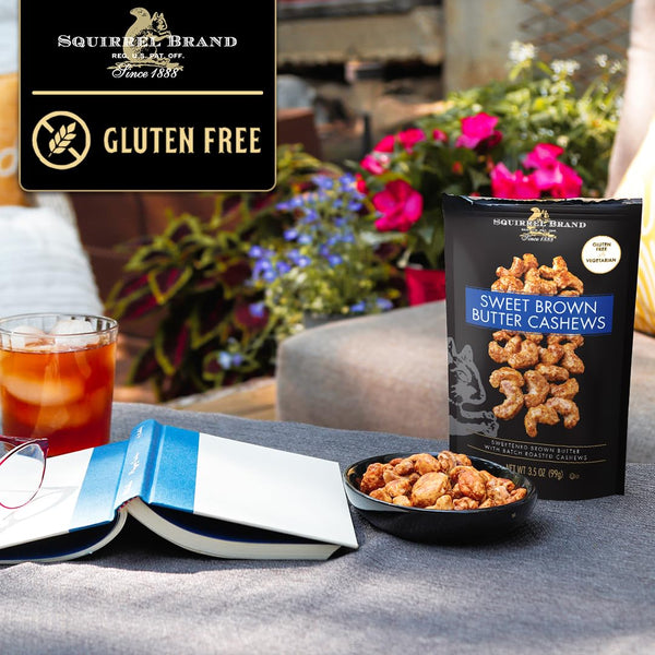 Squirrel Brand Sweet Brown Butter Cashews 3.5 oz Resealable Gluten Free Gourmet Nuts Snack
