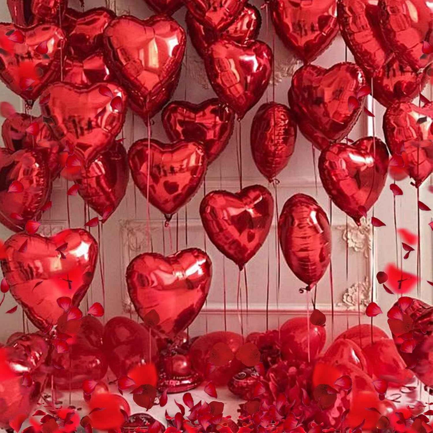 Fecedy Red Heart Shape Foil Mylar Balloons and Heart Shape roseleaf for Romantic Valentine's Day Wedding Bridal Shower Anniversary Engagement Party Decorations