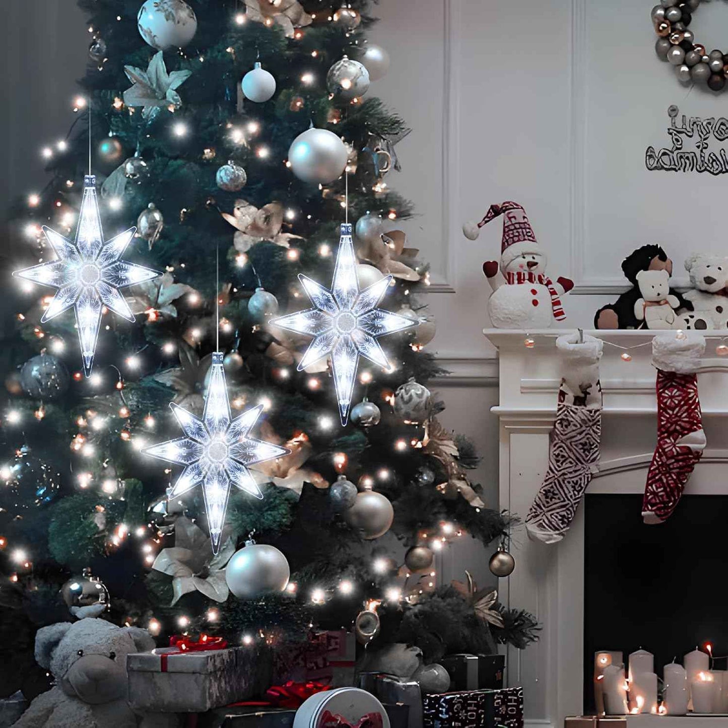 3Pcs Christmas Window Lights Decorations with Timer,Battery Powered Christmas Window Hanging White Lighted Lucky Star Shaped LED Sucker Lamp for Xmas Tree Fireplace Window Indoor Outdoor Decor