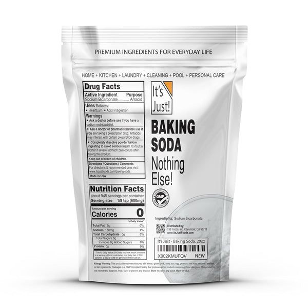 It's Just Pure Sodium Bicarbonate Baking Soda, 100% Food Grade, Non-GMO, Made in USA, 1.25 Pound
