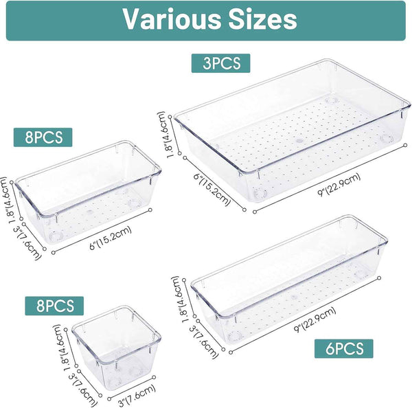 Clear Plastic Drawer Organizer Set - 25 PCS, 4 Sizes Desk Drawer Dividers & Storage Bins for Makeup, Jewelry, Gadgets, Kitchen, Bedroom, Bathroom, Office